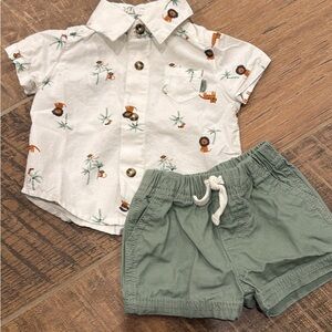 Carter's Newborn White and Green Safari Button Top & Shorts Matching Set